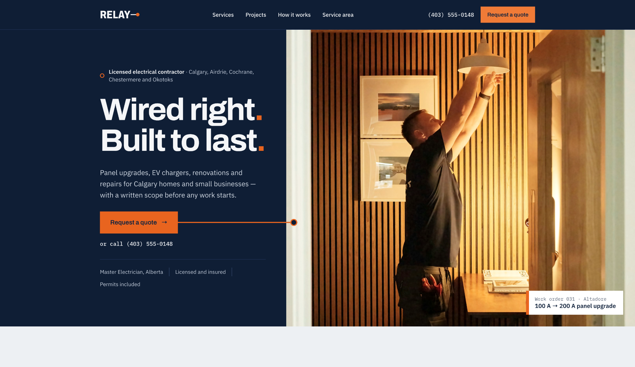 Relay Electrical desktop demo with its navy and orange design and Wired right. Built to last. headline